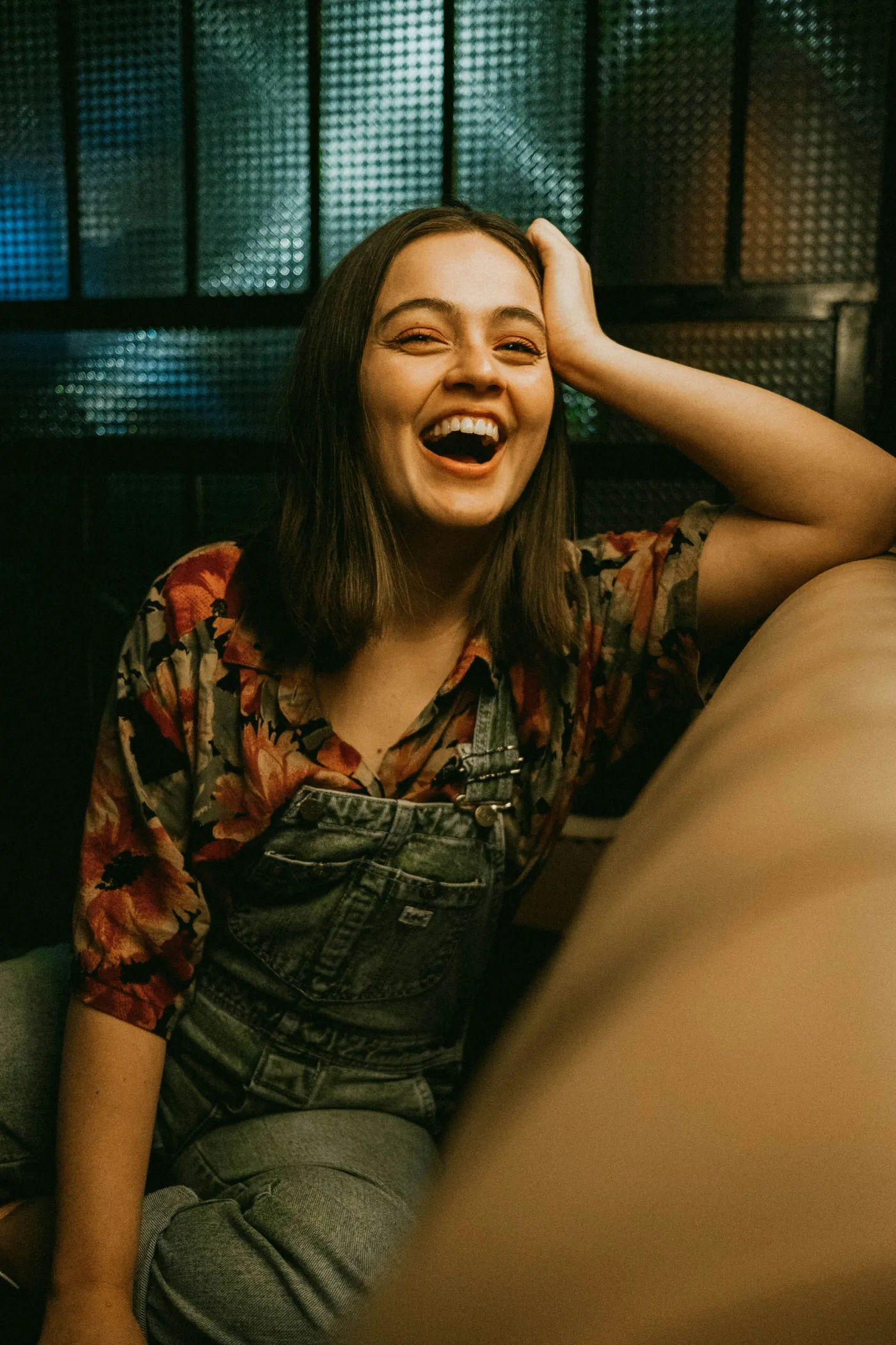 A young musician laughing